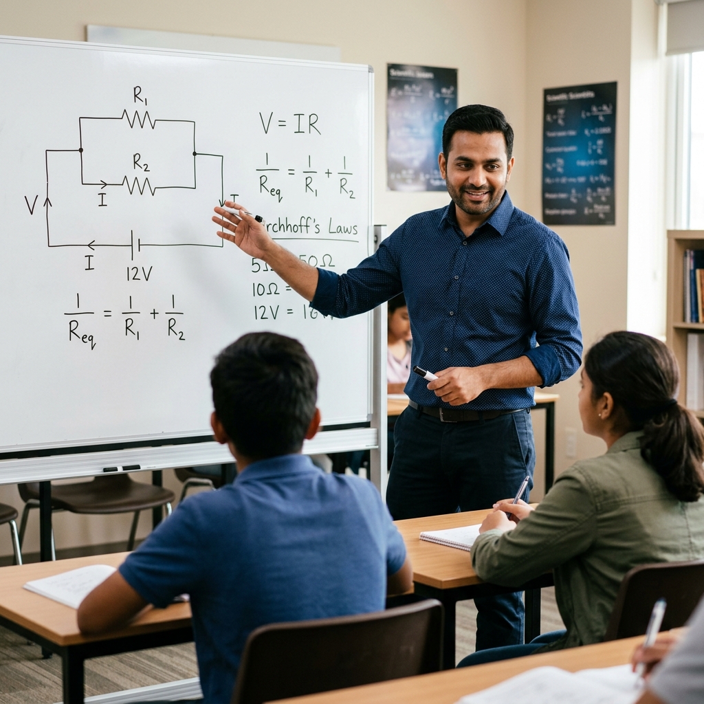 Faculty explaining physics at Let's Study MS